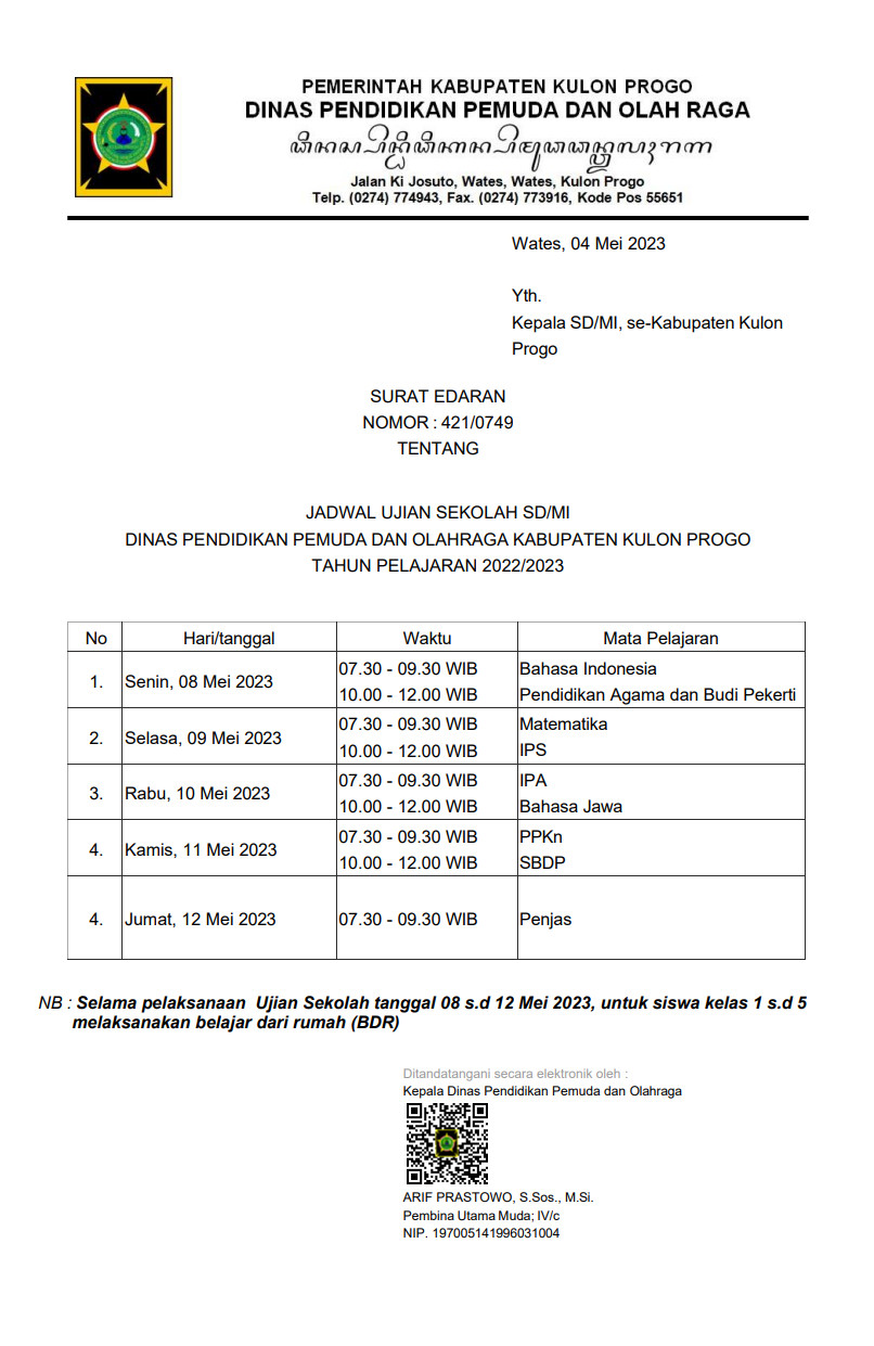 Jadwal Ujian Sekolah SD/MI Se-Kabupaten Kulon Progo